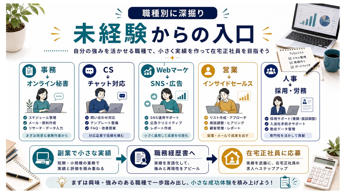 未経験から職種別にフルリモート正社員を狙う入口を示す図解