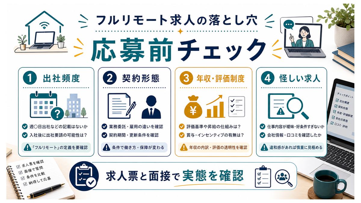 フルリモート求人の応募前に出社頻度や契約形態などを確認するチェック図解