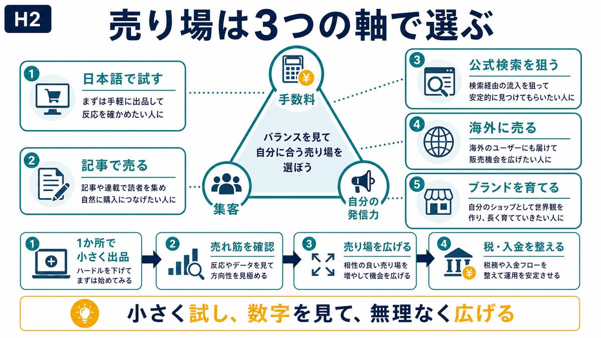 Notionテンプレ販売先を手数料集客自分の発信力の3軸で選ぶまとめ図解