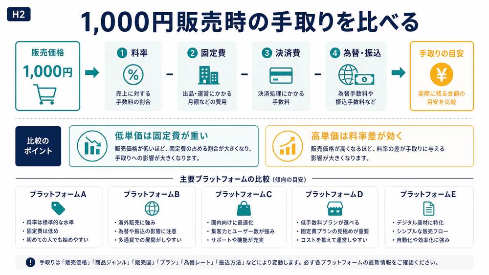 1000円のNotionテンプレート販売時の手取りを料率固定費決済費で考える図解