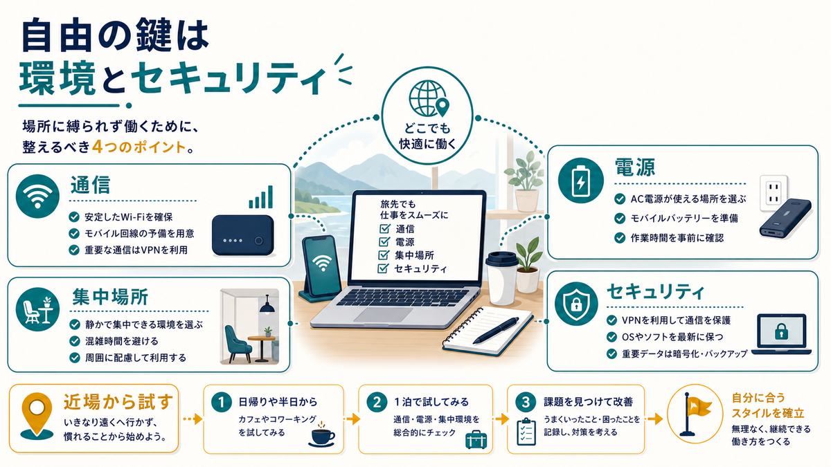 ノマドワークとワーケーションでは通信、電源、集中場所、セキュリティが鍵になることを示す図解