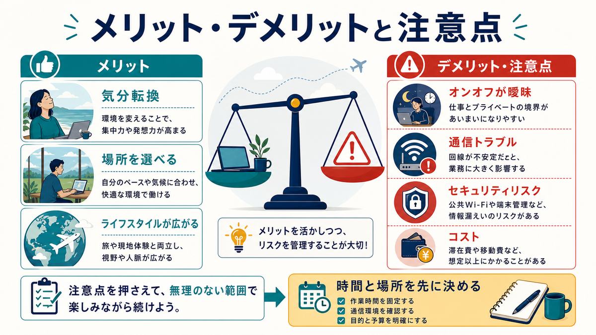 ノマドワークとワーケーションの気分転換や場所を選べるメリットとオンオフ曖昧や通信セキュリティの注意点を比較した図解