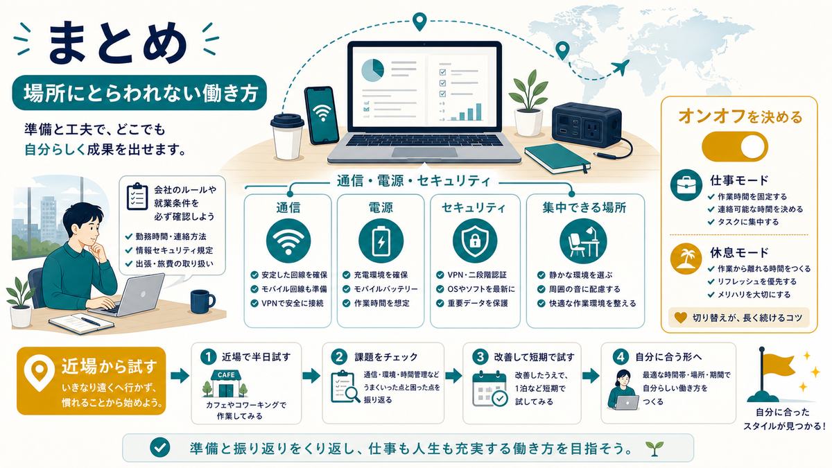 場所にとらわれない働き方を通信、電源、セキュリティ、集中場所、オンオフ、近場から試す流れでまとめた図解