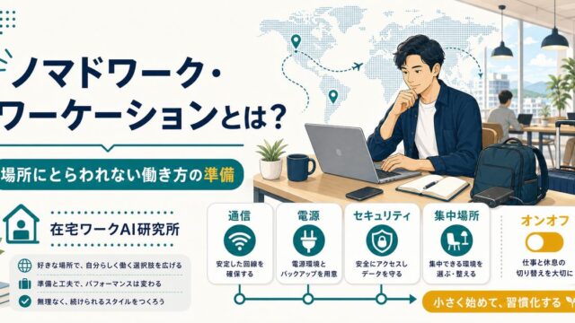 ノマドワークとワーケーションで場所にとらわれない働き方を準備するアイキャッチ