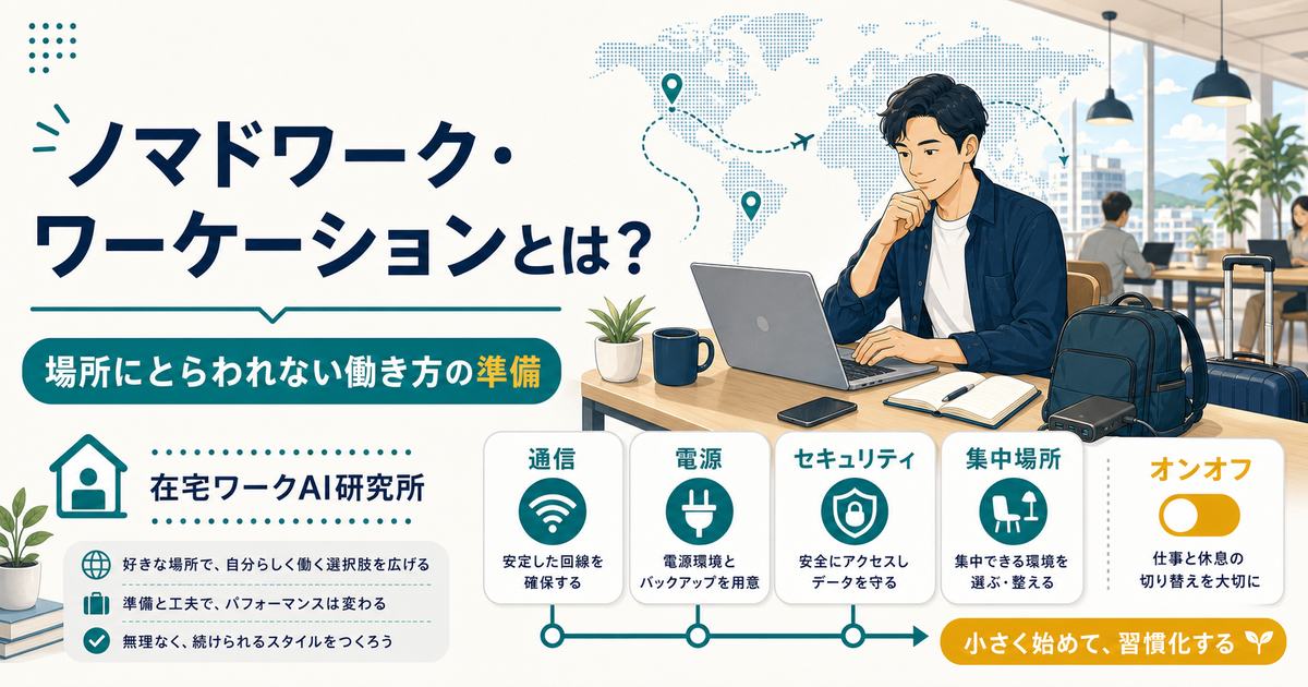 ノマドワークとワーケーションで場所にとらわれない働き方を準備するアイキャッチ