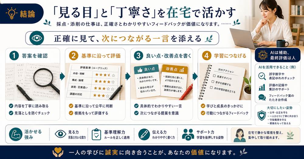 添削採点の副業で答案を確認し基準に沿って評価し良い点と改善点を丁寧に伝える流れの図解