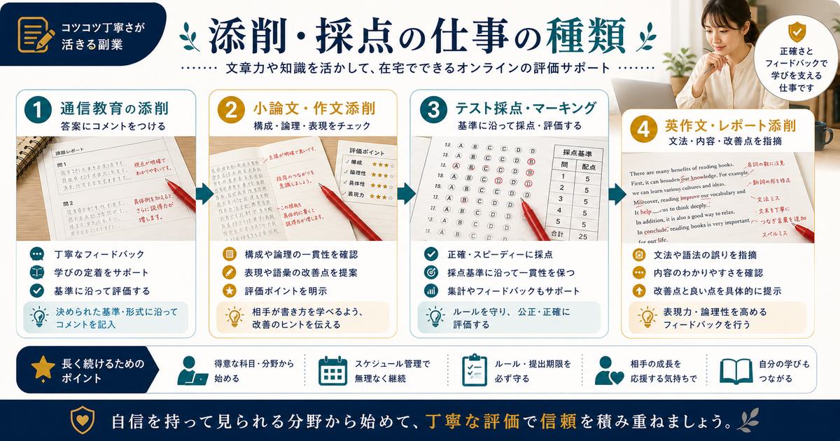 通信教育の添削、小論文や作文添削、テスト採点、英作文やレポート添削の種類を整理した図解