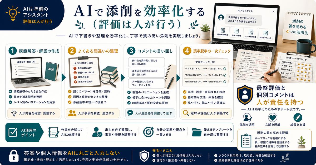 AIを模範解答、間違い整理、コメント表現、誤字脱字チェックに使い最終評価は人が行う図解