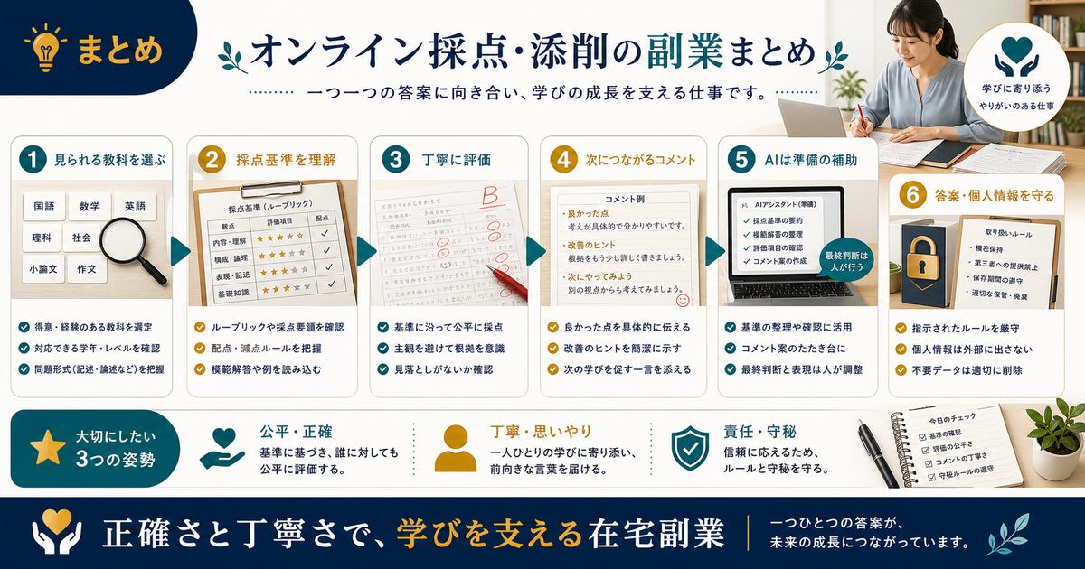 添削採点の副業は見られる教科選び、採点基準理解、丁寧な評価、AI補助、個人情報保護が重要なまとめ図解