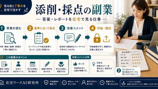 添削採点の副業として答案やレポートを在宅で見る仕事の流れを整理した図解