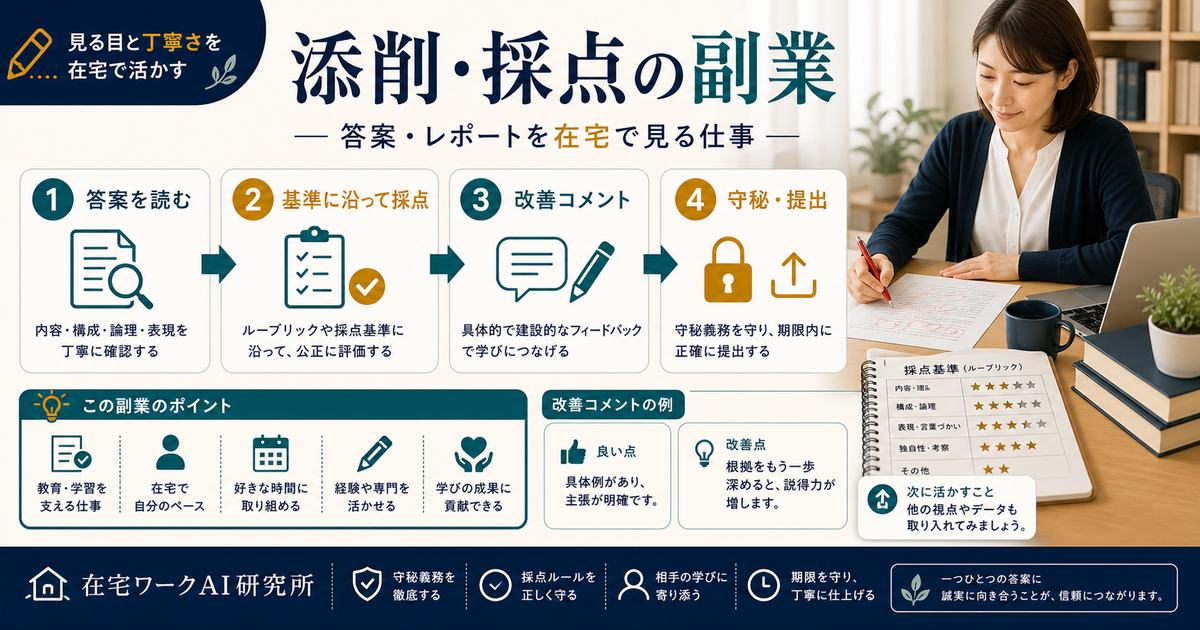 添削採点の副業として答案やレポートを在宅で見る仕事の流れを整理した図解