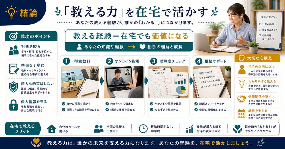 オンライン家庭教師の副業で得意教科を選びオンライン指導と理解度確認を行い継続サポートする流れの図解
