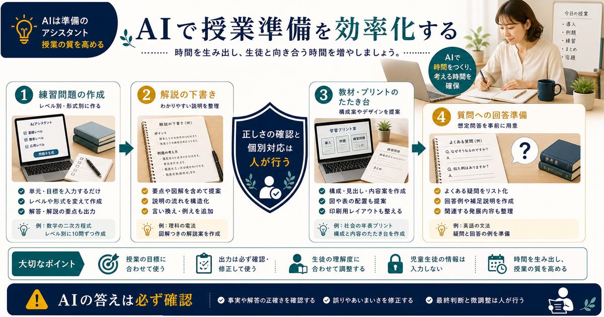 AIを練習問題作成、解説下書き、教材準備、想定質問整理に使い正しさ確認は人が行う図解