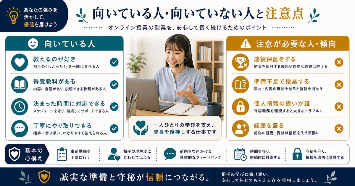 オンライン家庭教師に向いている人と注意点を教える姿勢、得意教科、時間管理、成績保証や個人情報管理で整理した図解