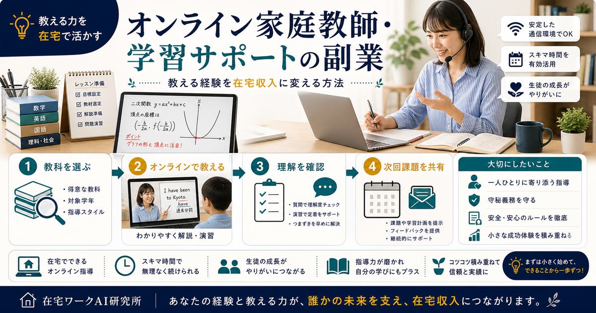 オンライン家庭教師・学習サポートの副業の始め方をまとめたアイキャッチ画像