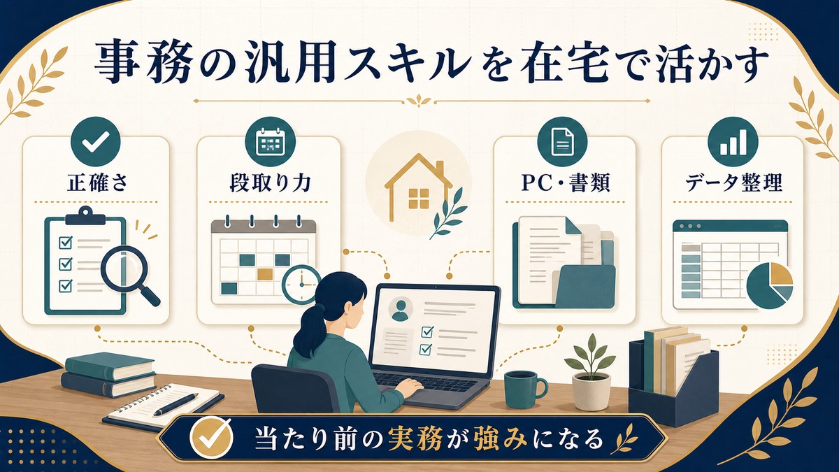 事務職の正確さ、段取り力、PCと書類、データ整理のスキルを在宅副業に活かす要点の図解