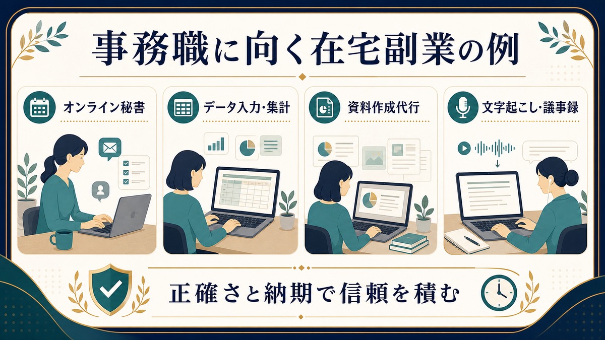 オンライン秘書、データ入力と集計、資料作成代行、文字起こしと議事録など事務職に向く在宅副業例の図解
