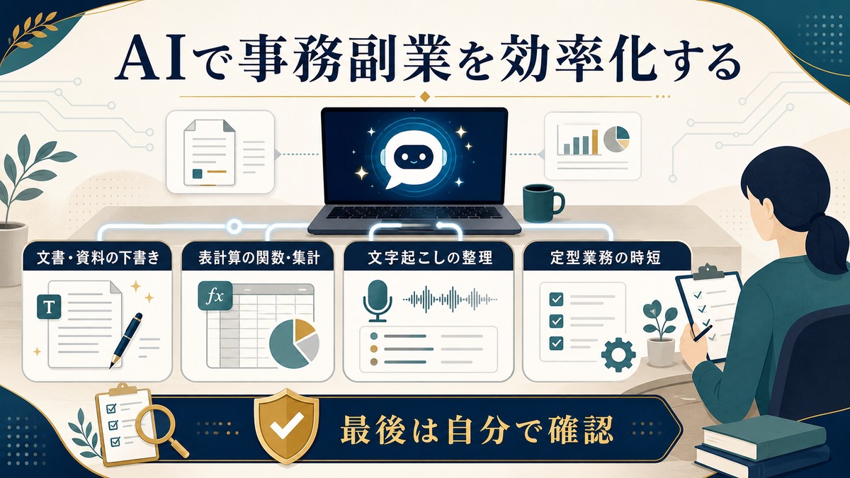 AIで文書資料の下書き、表計算の関数と集計、文字起こし整理、定型業務の時短を行う図解