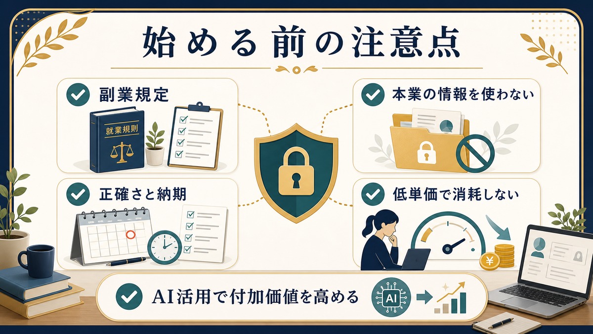 事務職の副業前に副業規定、本業情報の扱い、正確さと納期、低単価で消耗しないことを確認する図解