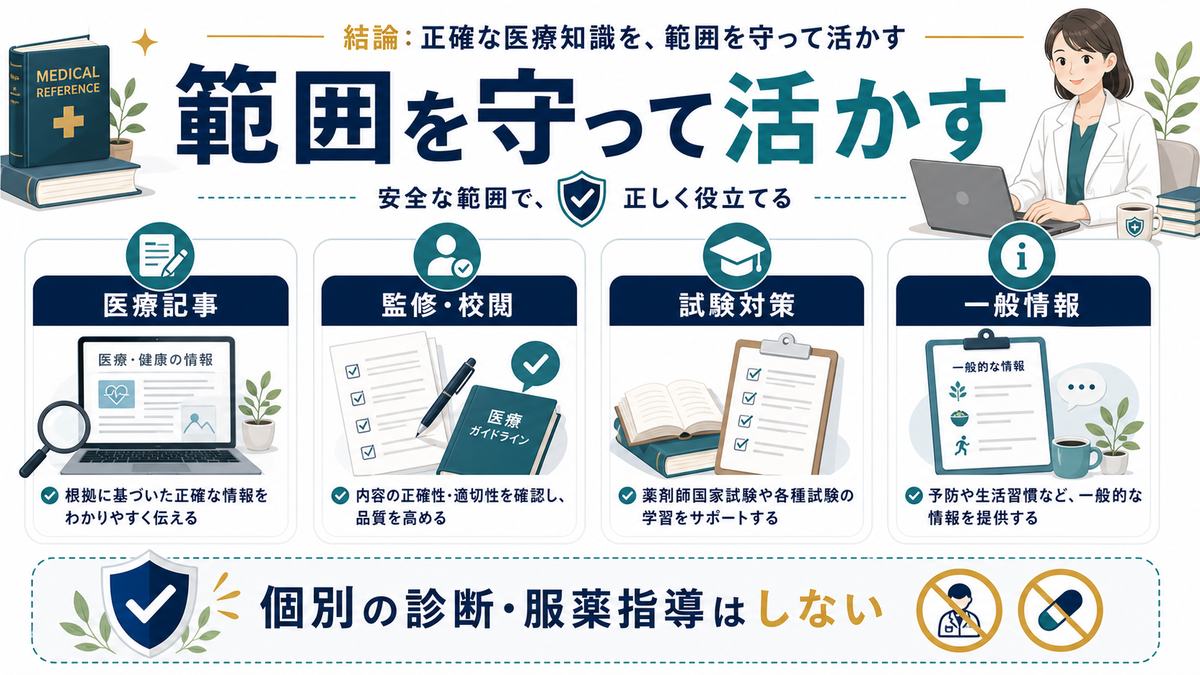 薬剤師の正確な医療知識を範囲を守って副業に活かす考え方を整理した図解