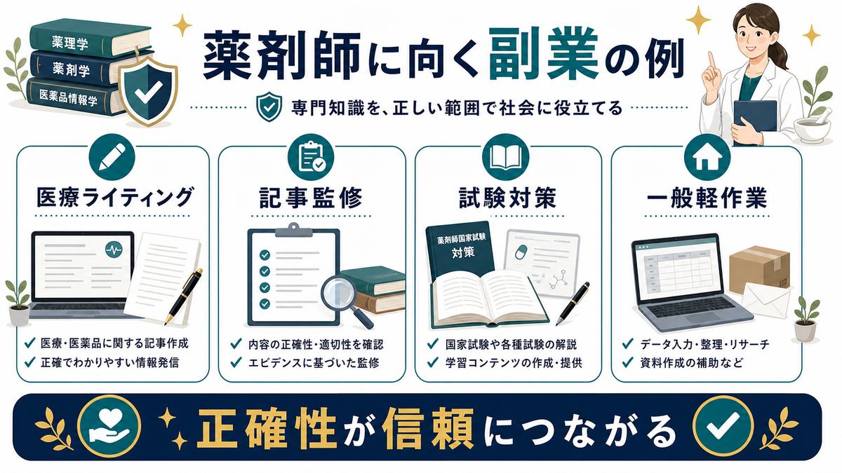 薬剤師に向く副業の例を整理した図解