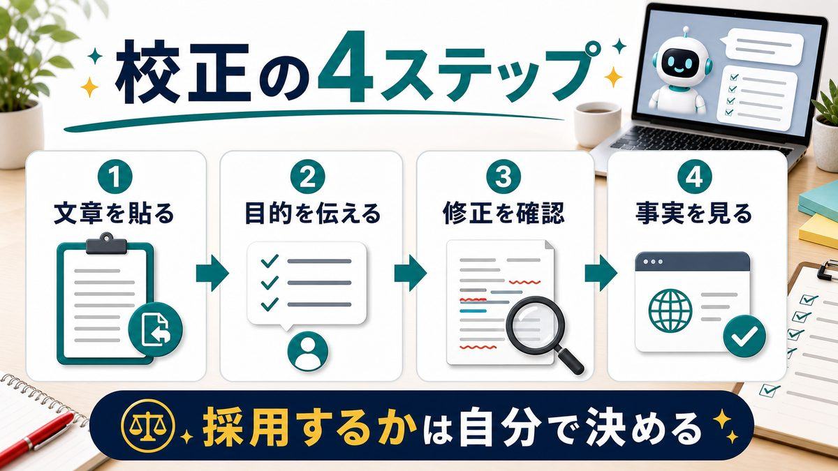 AIで校正と推敲を進める4ステップを整理した図解