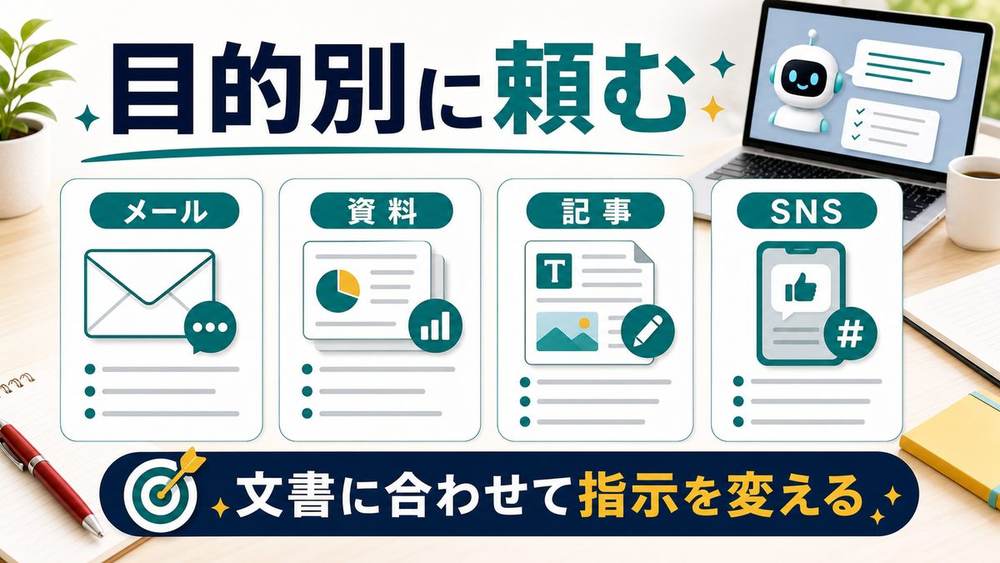 目的別にAIへ校正と推敲を頼む例を整理した図解