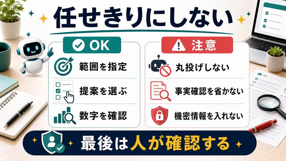 AI校正を任せきりにしないための確認ポイントを整理した図解