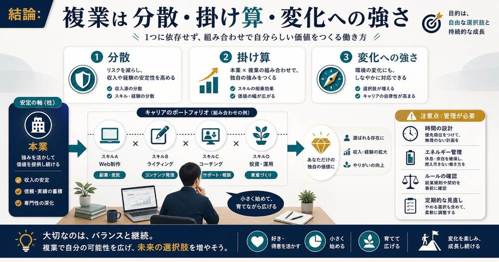 複業は収入や経験の分散、スキルの掛け算、変化への強さを作る働き方で管理も必要な図解
