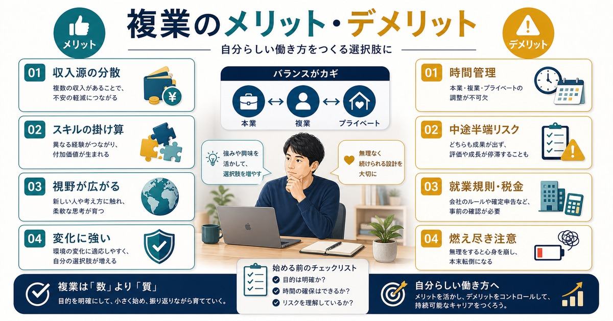 複業の収入分散、スキルの掛け算、視野拡大、変化への強さと時間管理や燃え尽きリスクを比較した図解