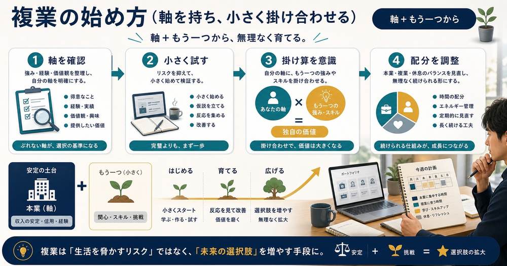 複業を軸となる仕事の確認、小さく試す、掛け算を意識する、配分を調整する流れで始める図解