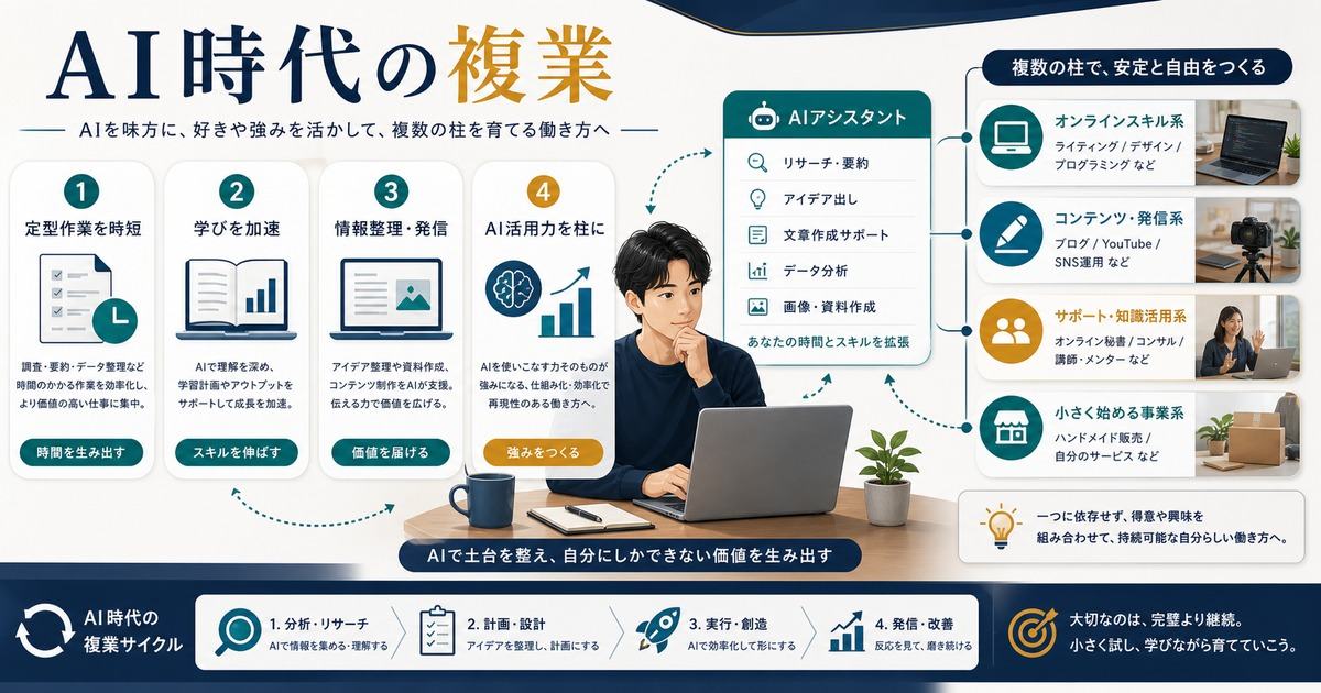 AI時代の複業で定型作業の時短、学びの加速、情報整理発信、AI活用力を柱にする図解