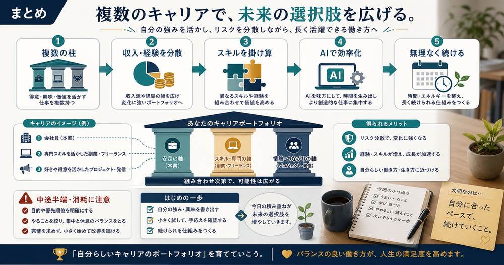 複業で複数の柱を持ち収入と経験を分散しスキルを掛け算しAIで効率化し無理なく続けるまとめ図解