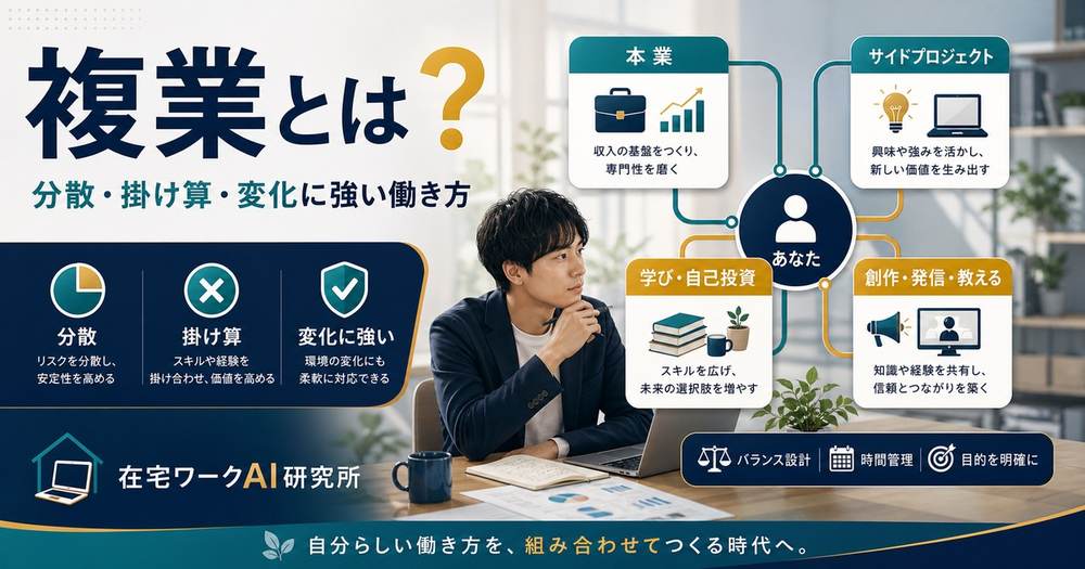 複業とは何かと分散・掛け算・変化に強い働き方を示す在宅ワークAI研究所のアイキャッチ画像