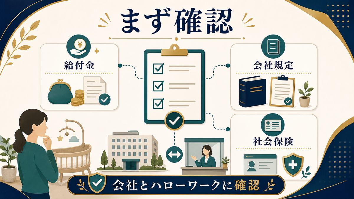 育休中の副業はまず給付金、会社規定、社会保険を会社とハローワークに確認する要点の図解