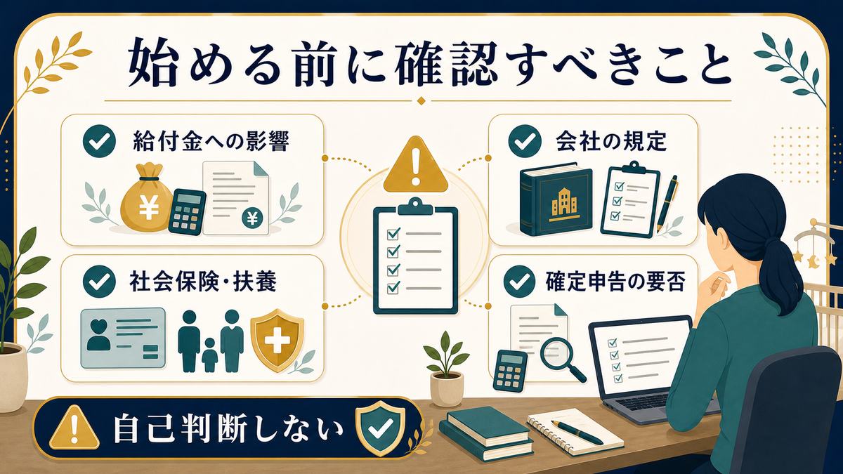 育休中の副業前に給付金への影響、会社の規定、社会保険と扶養、確定申告の要否を確認する図解