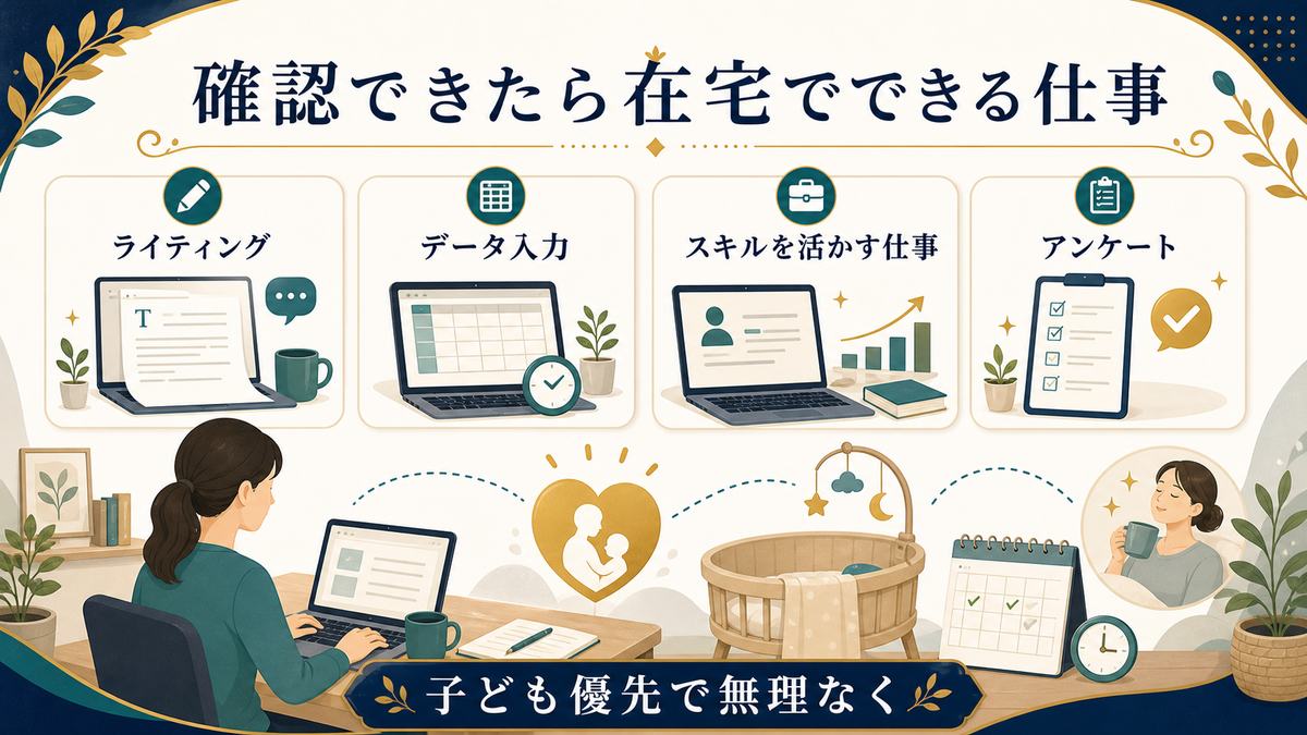 給付金や会社規定を確認できた後にライティング、データ入力、スキルを活かす仕事、アンケートを無理なく選ぶ図解