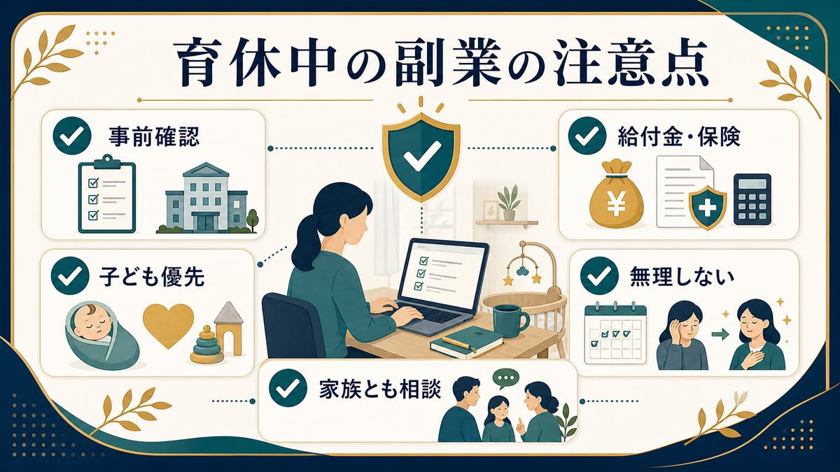育休中の副業で事前確認、給付金と保険、子ども優先、無理しない、家族相談を確認する注意点の図解
