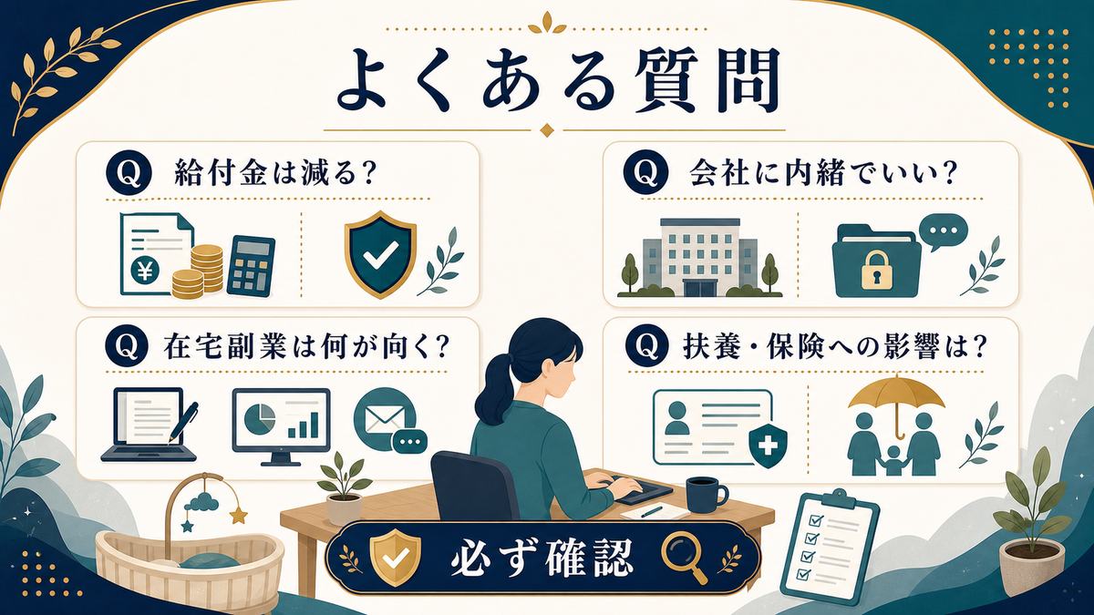 育休中の副業で給付金が減るか、会社に内緒でよいか、向く在宅副業、扶養と保険への影響をまとめたFAQ図解