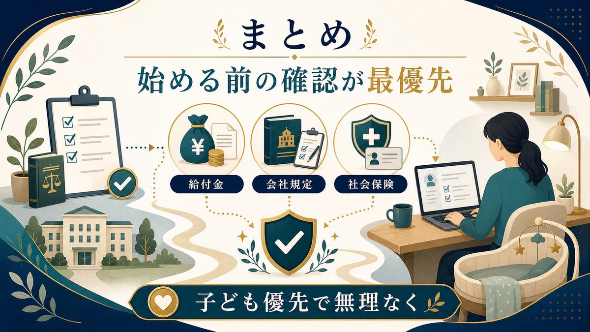 育休中の副業は始める前の確認を最優先にし給付金、会社規定、社会保険を確認して子ども優先で無理なく進めるまとめ図解