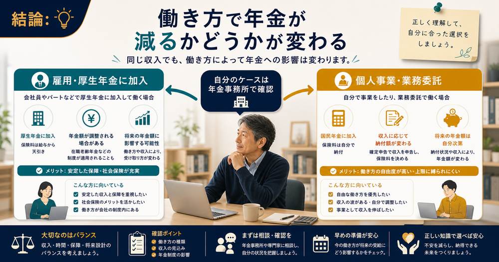 年金をもらいながら副業をする時に厚生年金に加入する雇用と個人事業や業務委託で確認点が変わる図解