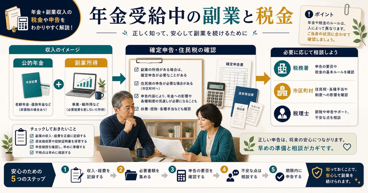 公的年金と副業所得を分けて確定申告や住民税を税務署、市区町村、税理士に確認する図解