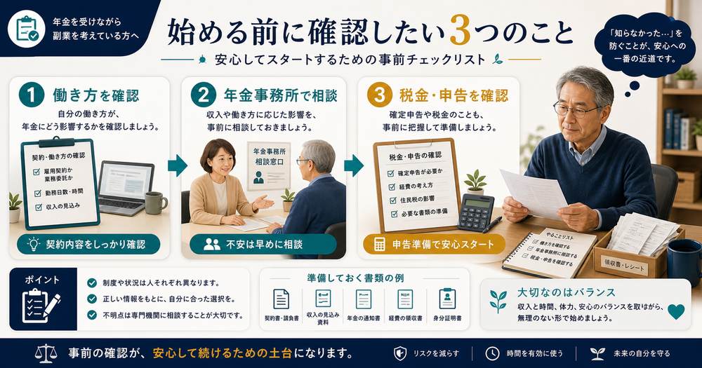 年金受給中に副業を始める前に働き方、年金事務所への相談、税金と申告を確認する3ステップの図解