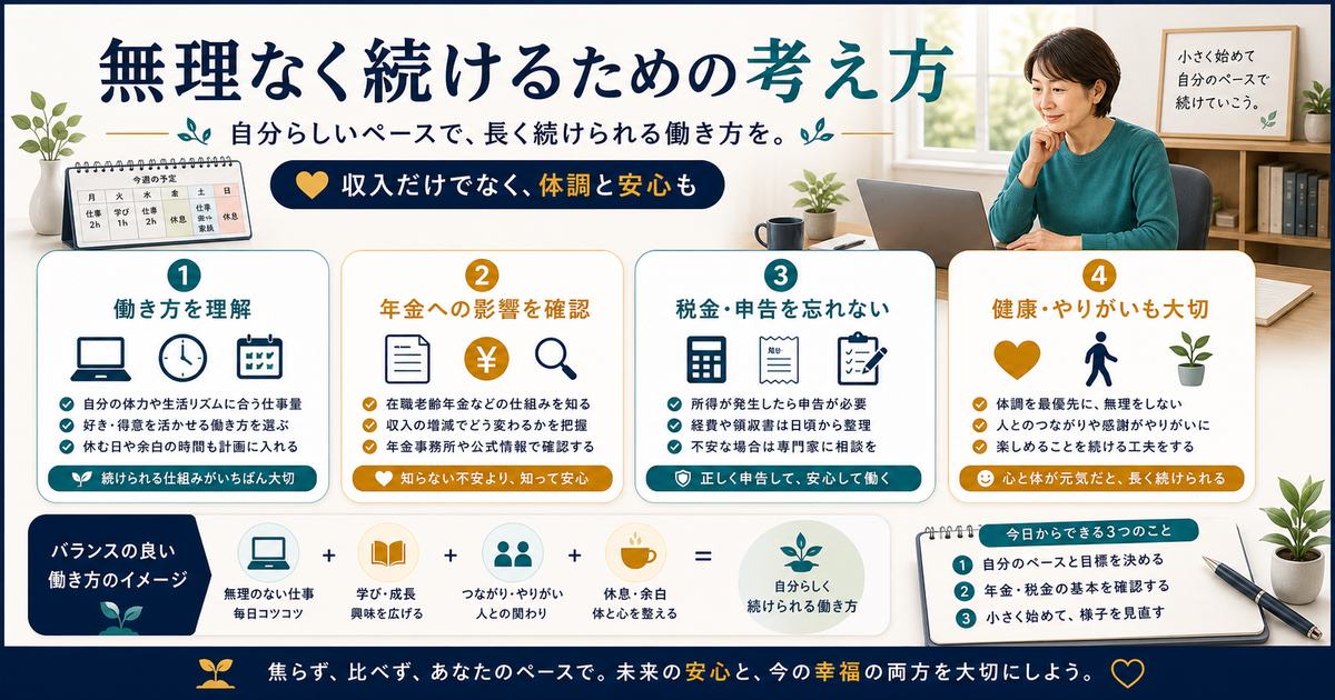 年金受給中の副業で働き方、年金への影響、税金、健康とやりがいをバランスよく考える図解