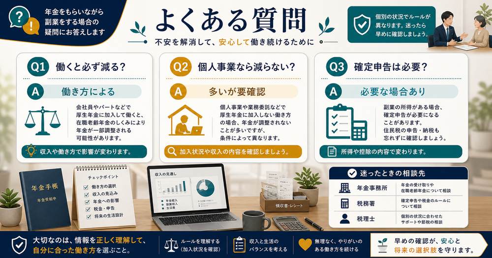 年金をもらいながら副業をする時によくある質問として年金が減るか、個人事業、確定申告を整理した図解