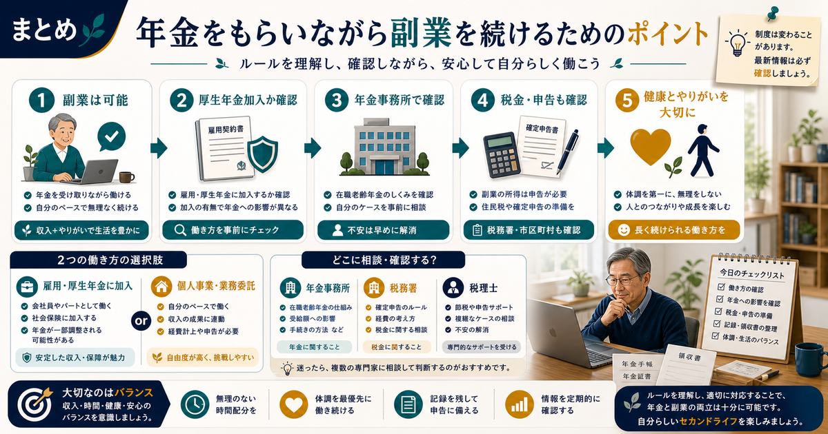 年金をもらいながら副業を続けるために厚生年金加入、年金事務所、税金、健康を確認するまとめ図解
