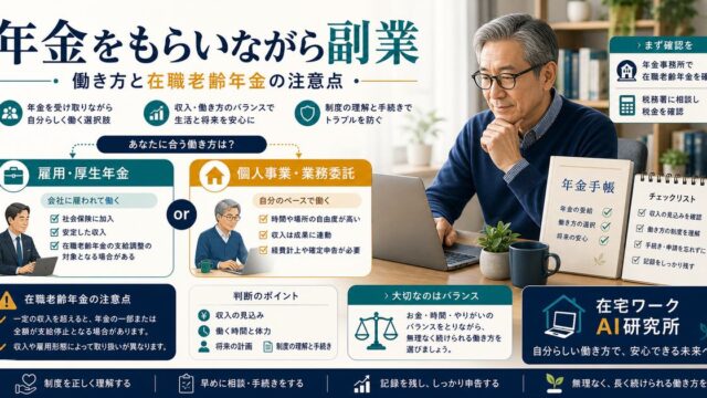 年金をもらいながら副業をする時の働き方と在職老齢年金、税金の確認ポイントを整理した図解