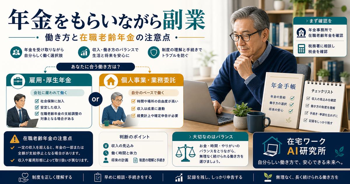 年金をもらいながら副業をする時の働き方と在職老齢年金、税金の確認ポイントを整理した図解