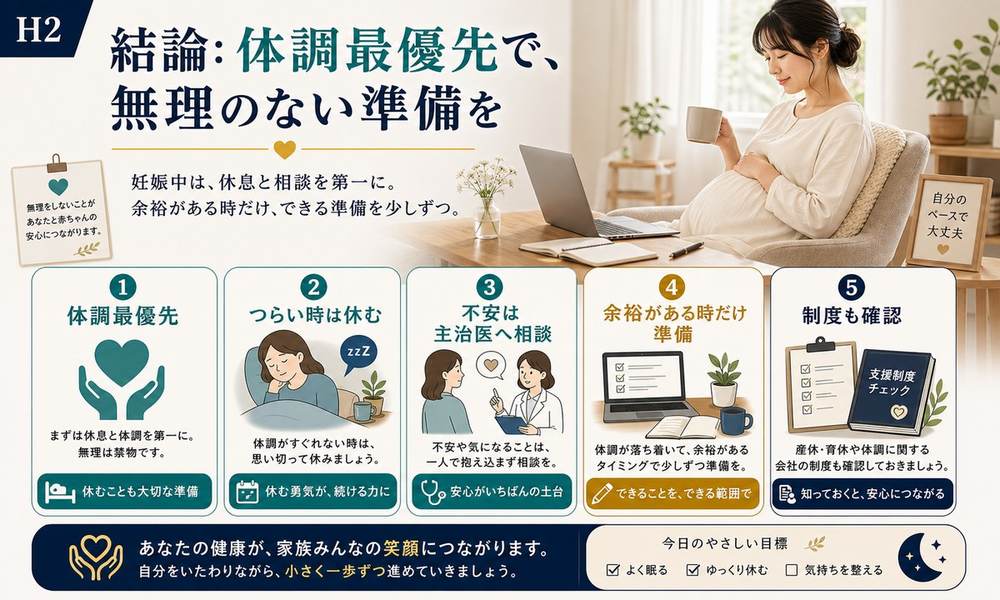 妊娠中は体調最優先でつらい時は休み不安は主治医に相談し余裕がある時だけ準備する図解