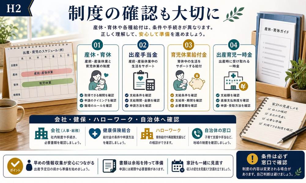 産休育休、出産手当金、育児休業給付金、出産育児一時金を会社や健保やハローワークや自治体へ確認する図解
